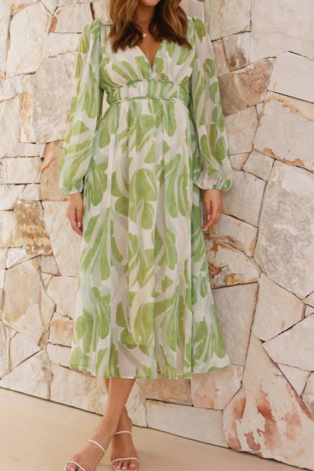 Printed V-Neck Long Sleeve Midi Dress, image 3