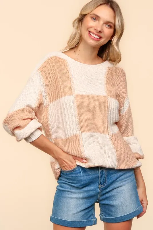 Full Size Checkered Round Neck Drop Shoulder Sweater, image 4