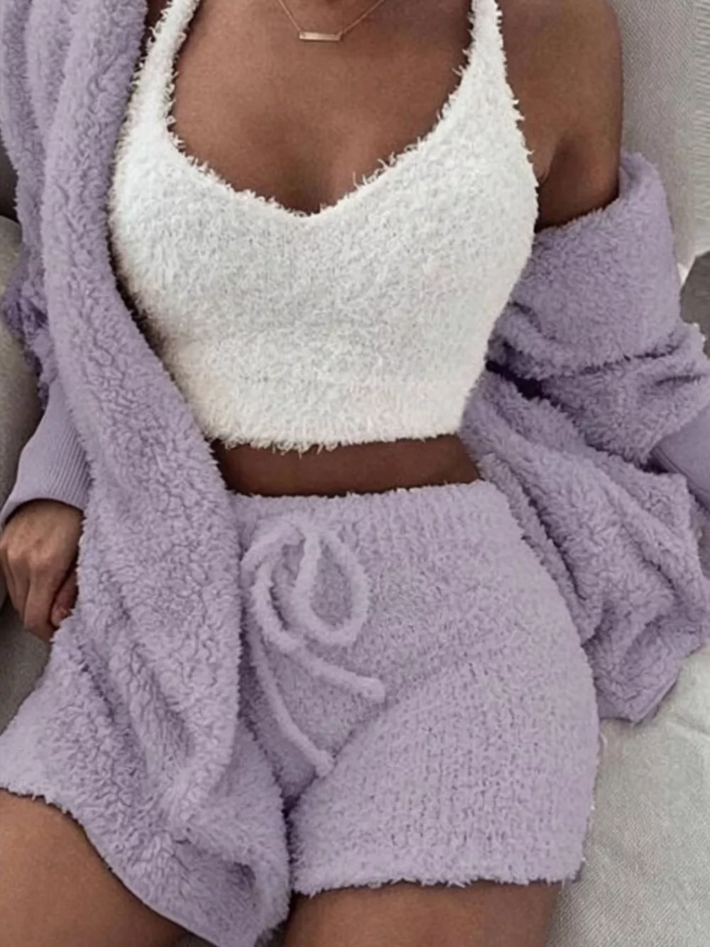 Full Size 3-Piece Fuzzy Plush Cardigan and Shorts Lounge Set with Crop Top Plus Size, image 3