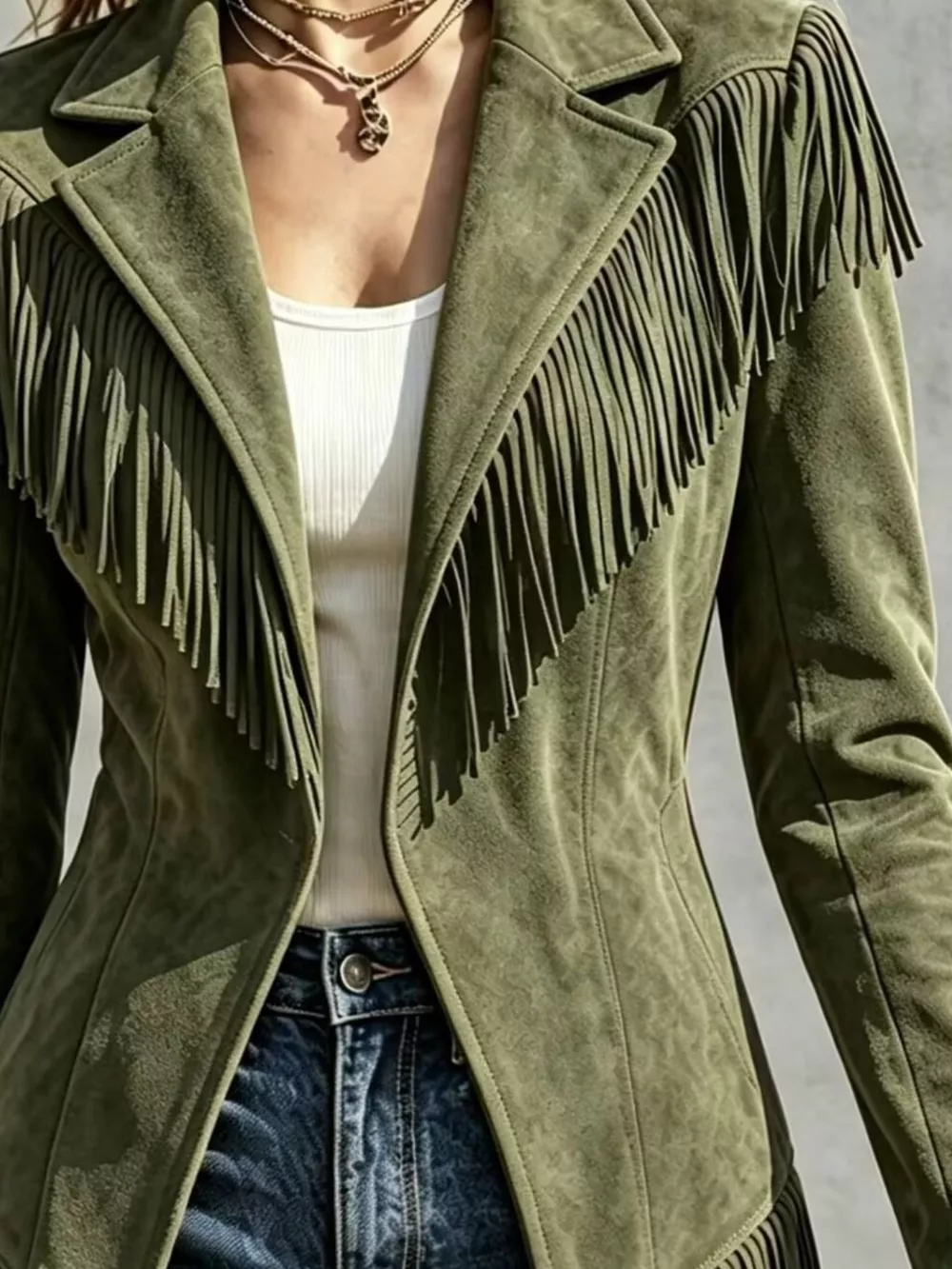 Western-Inspired Fringed Open Front Jacket, image 8
