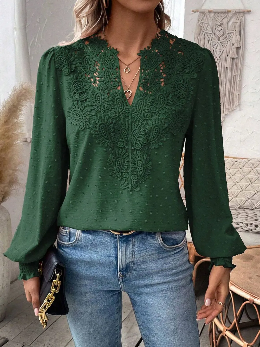Swiss Dot Lace Detail Notched Long Sleeve Blouse, image 16