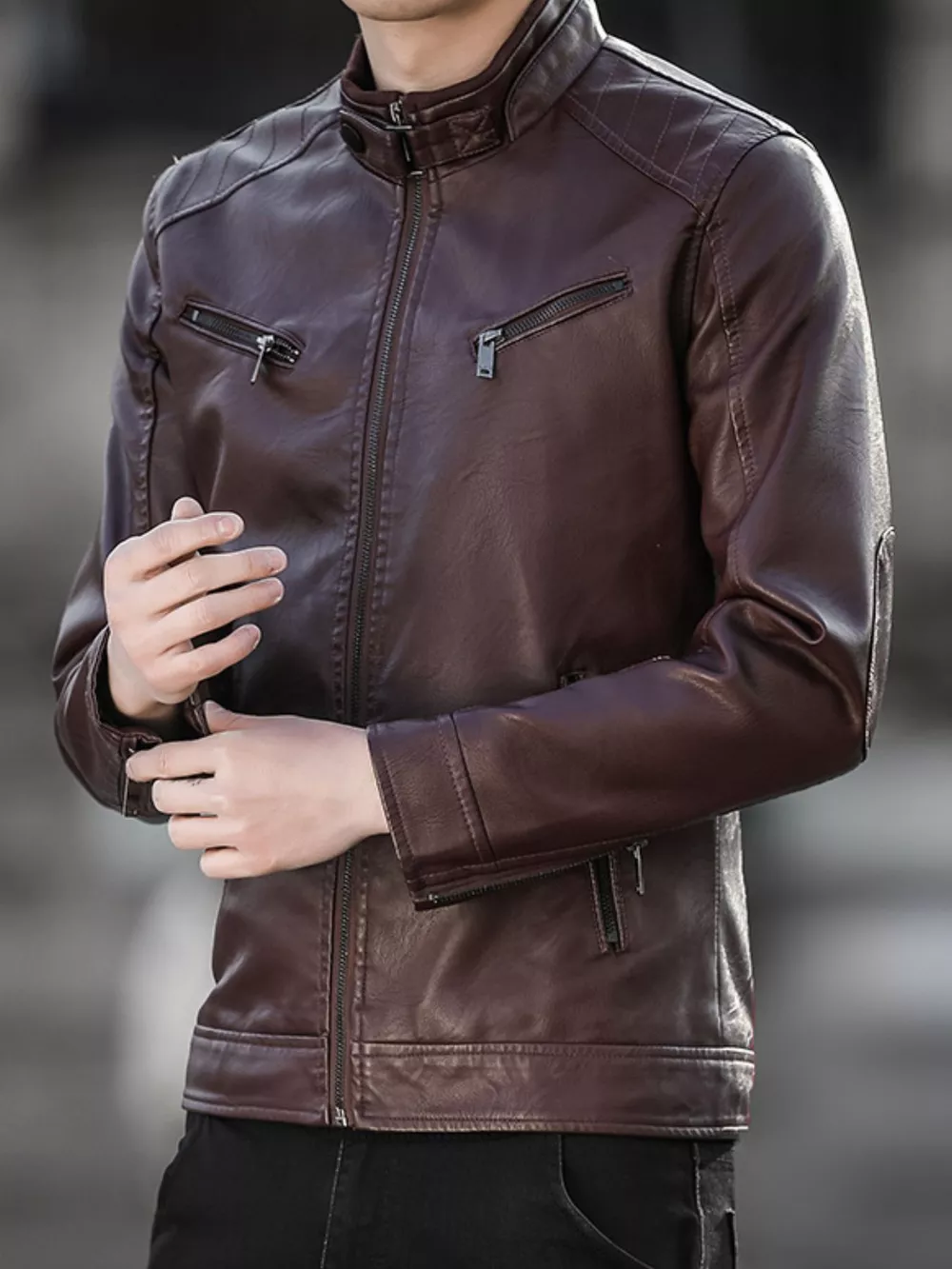 Men's Plus Size Zip Up Leather Jacket, image 3