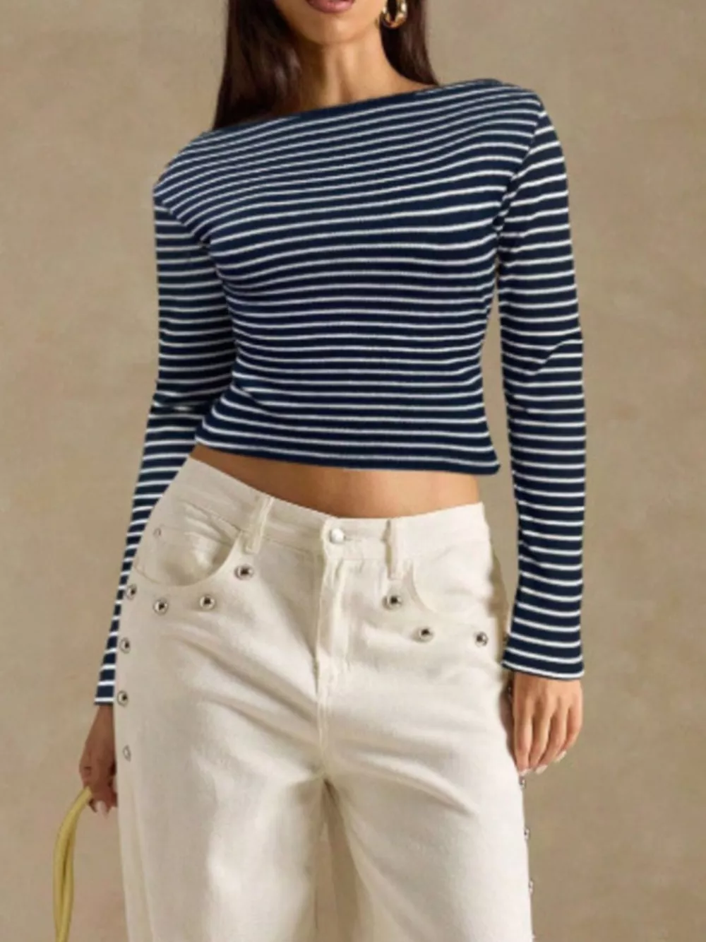 Off-Shoulder Striped Ribbed Long Sleeve T-Shirt, image 20