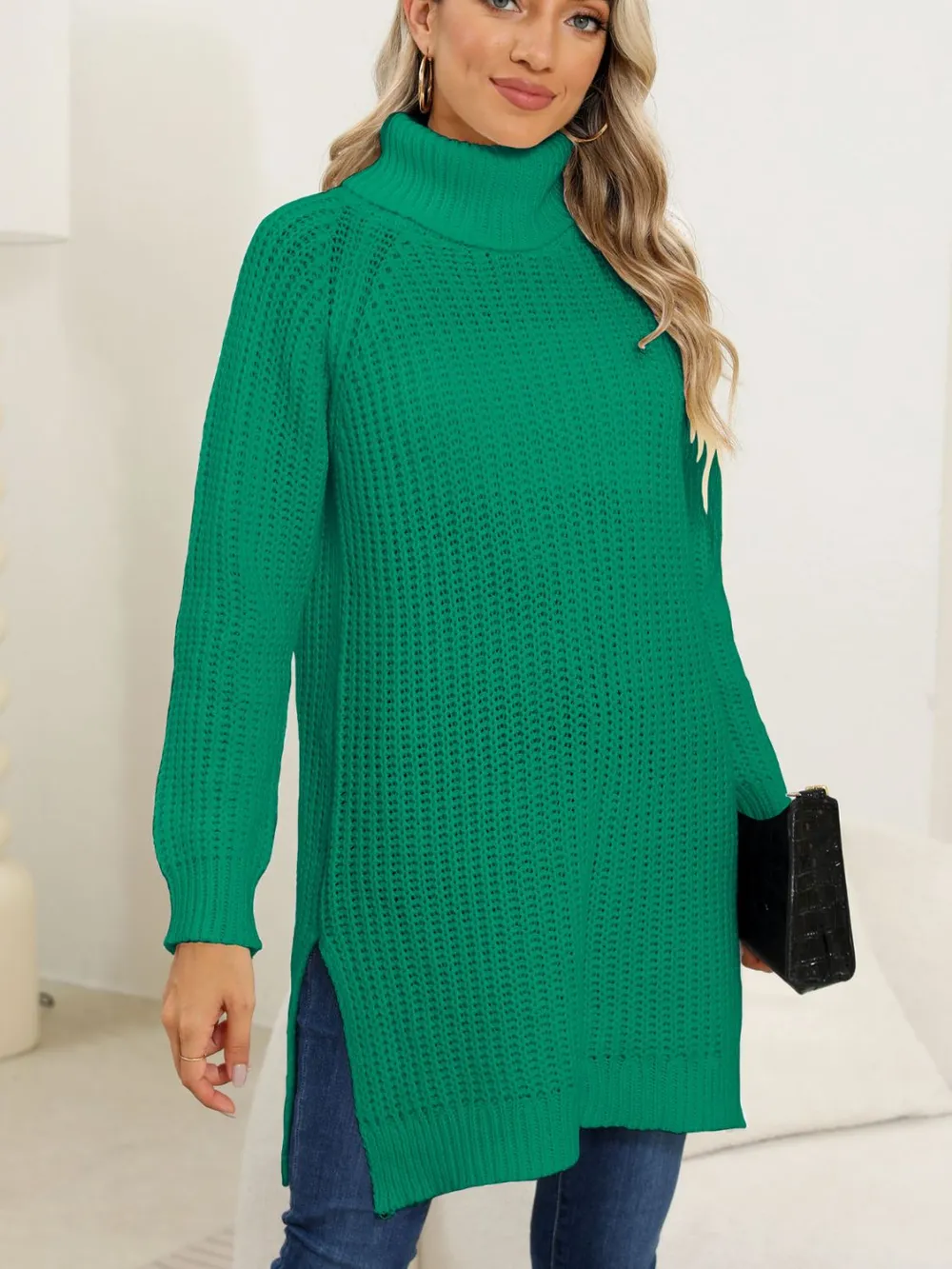 Slit Turtleneck Long Sleeve Sweater, image 8
