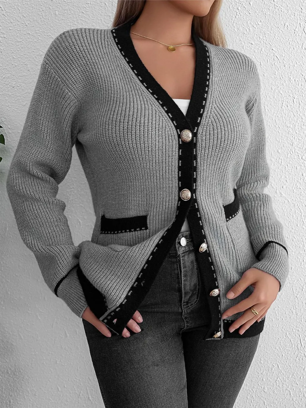 Contrast Trim Button Up Long Sleeve Cardigan, image 5