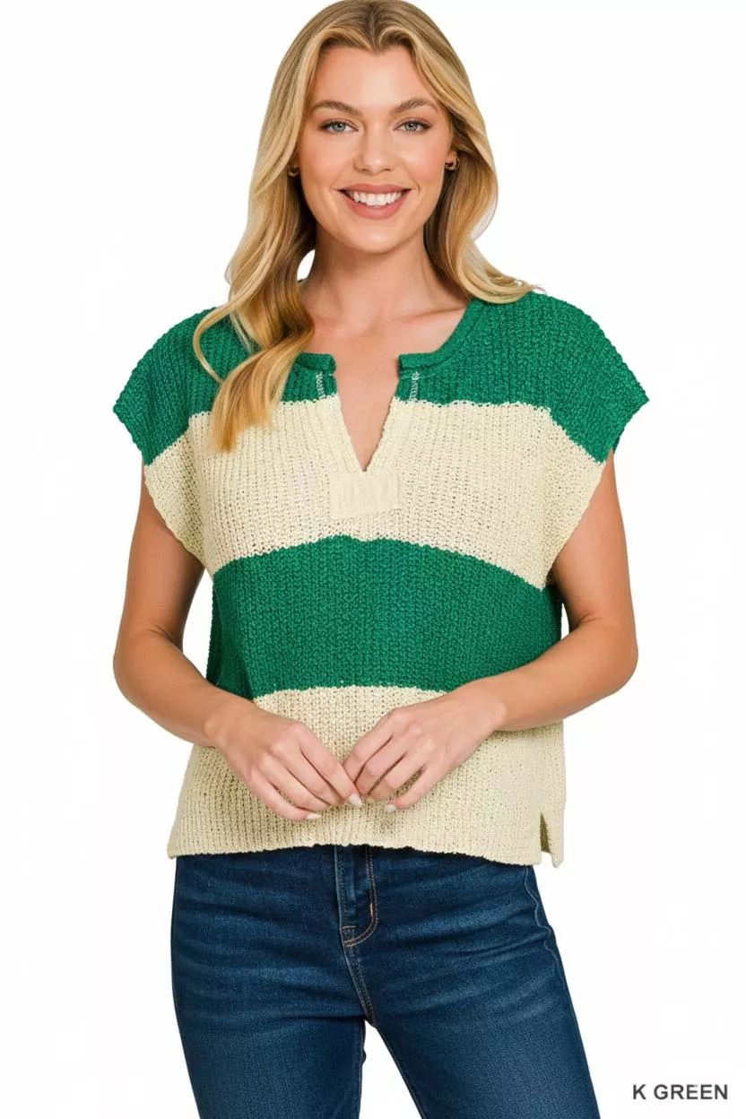 Split Neck Sleeveless Stripe Sweater, image 3
