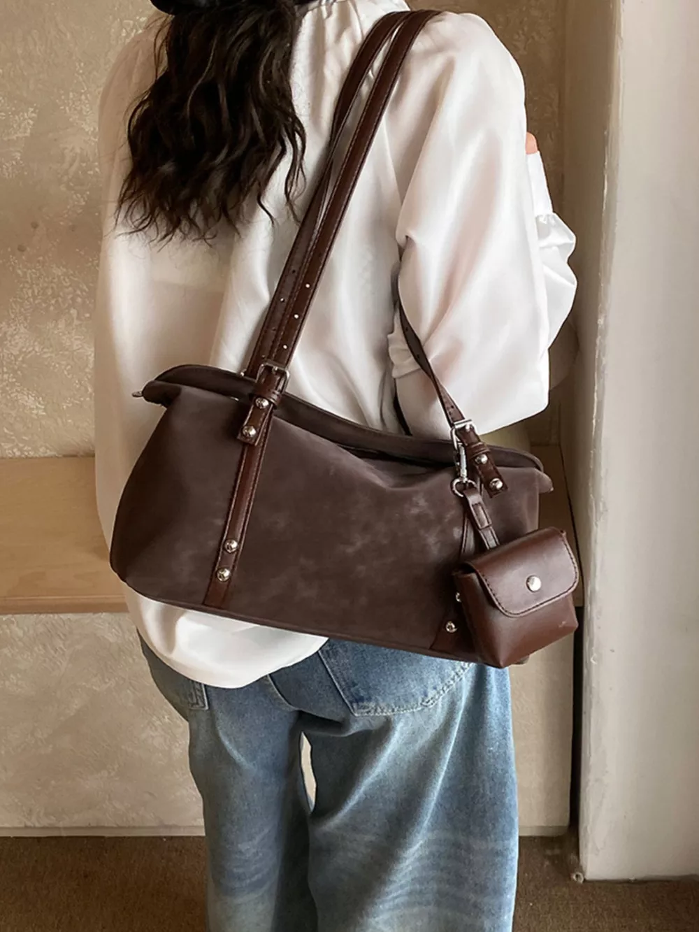 Leather Shoulder Bag with Detachable Pouch, image 7