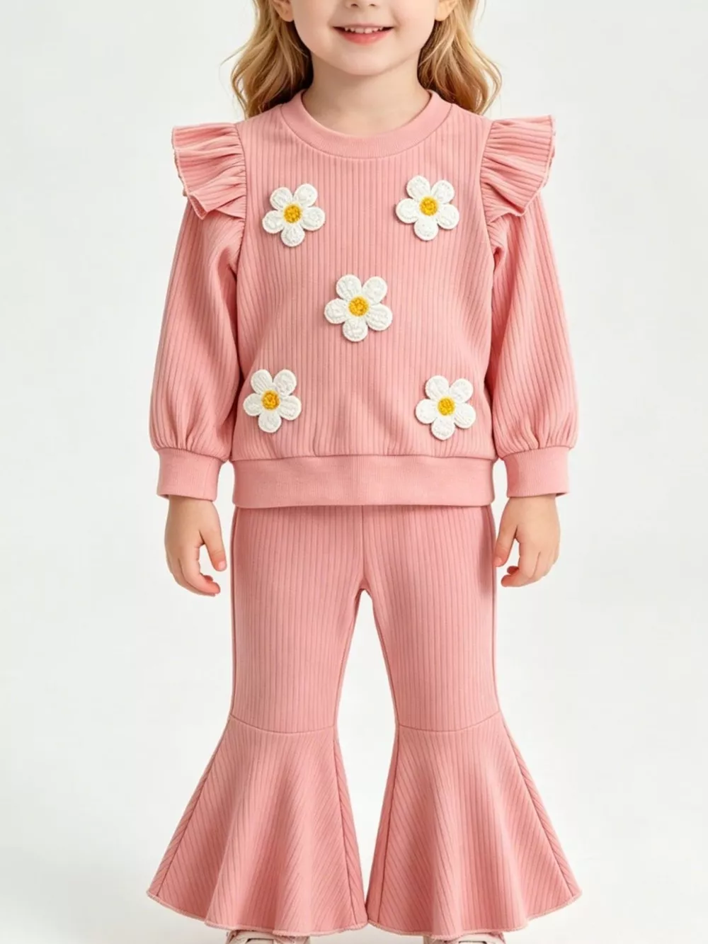 Children's Daisy Ruffled Ribbed Top and Flare Pants Set