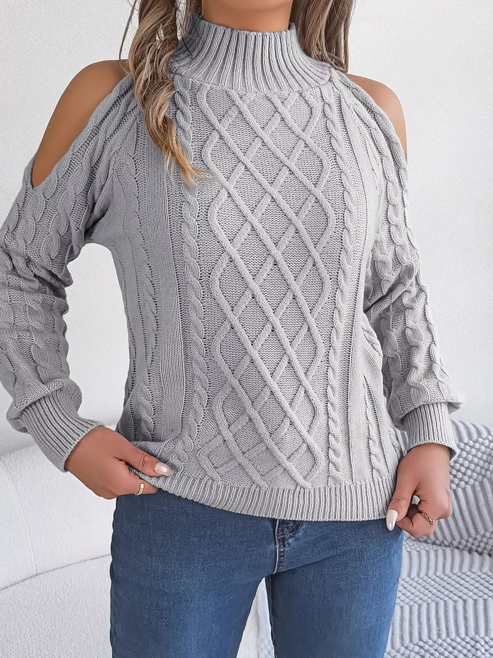 Cable Knit Cold Shoulder Turtleneck Sweater, image 23