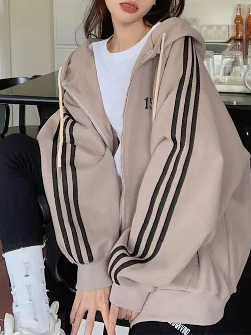 Striped Sleeve Zip-Up Hoodie, image 4