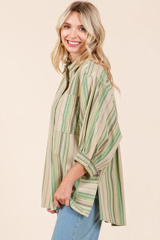 Striped Bubble Sleeve Button Down Shirt, image 3