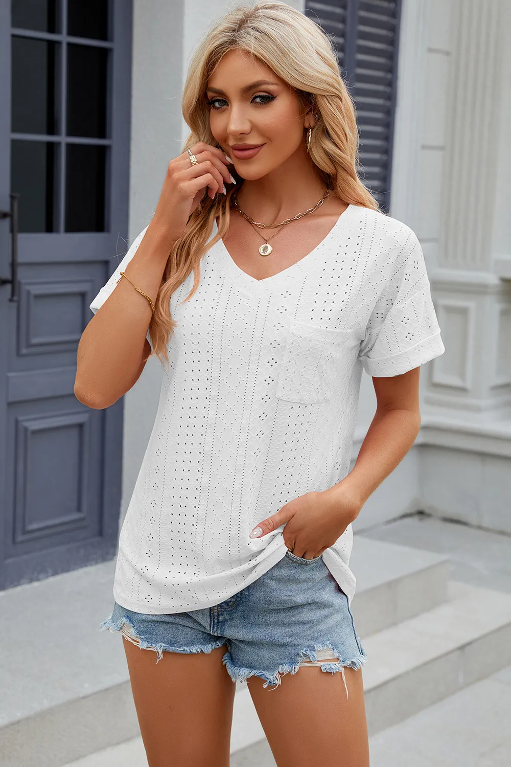 Eyelet V-Neck Short Sleeve T-Shirt, image 8
