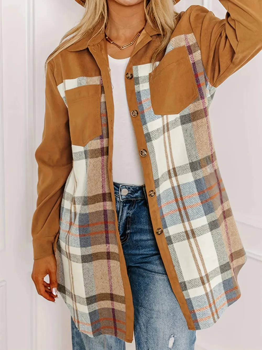 Plaid Collared Neck Long Sleeve Jacket, image 4