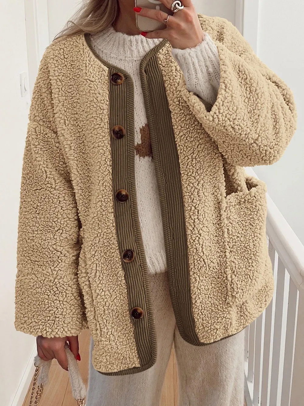 Contrast Button Up Sherpa Jacket with Pockets, image 10