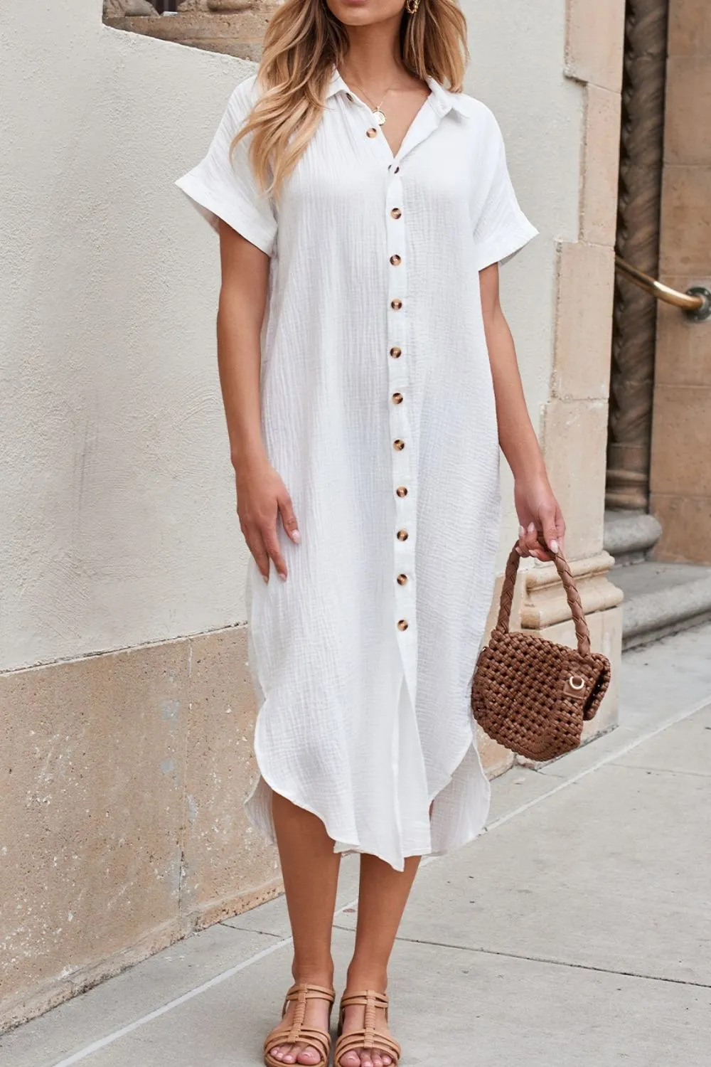 Button Down Short Sleeve Midi Shirt Dress, image 6