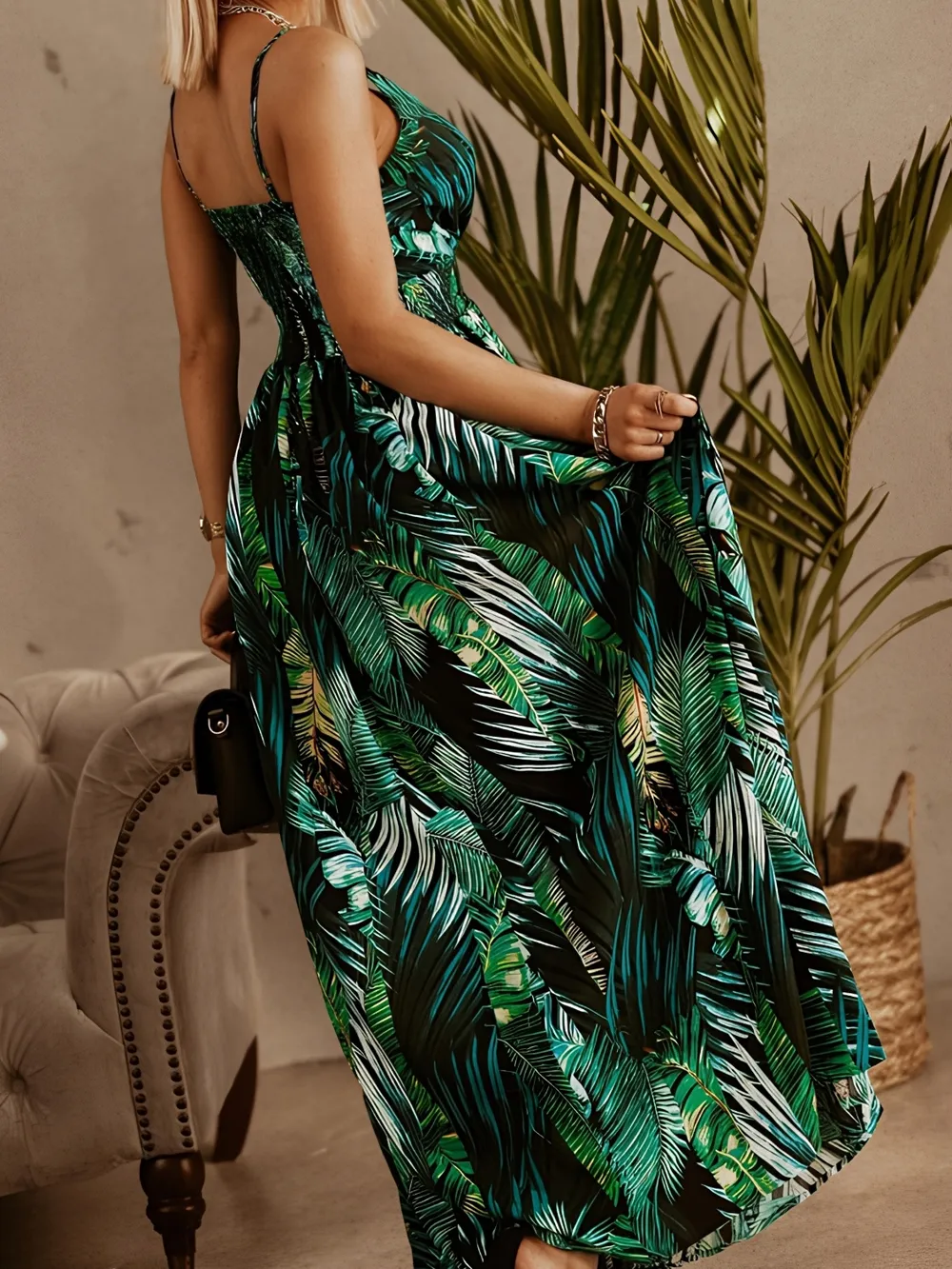 Smocked Printed Surplice Maxi Cami Dress, image 3