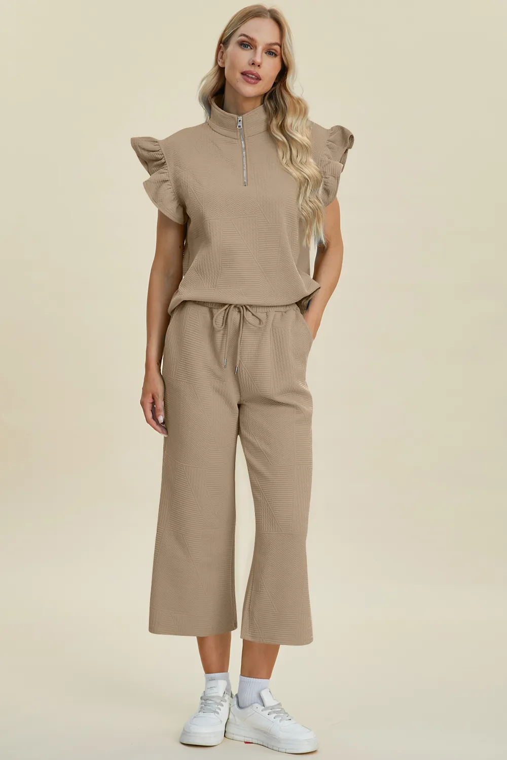 Full Size Texture Ruffle Short Sleeve Top and Wide Leg Pants Set, image 12