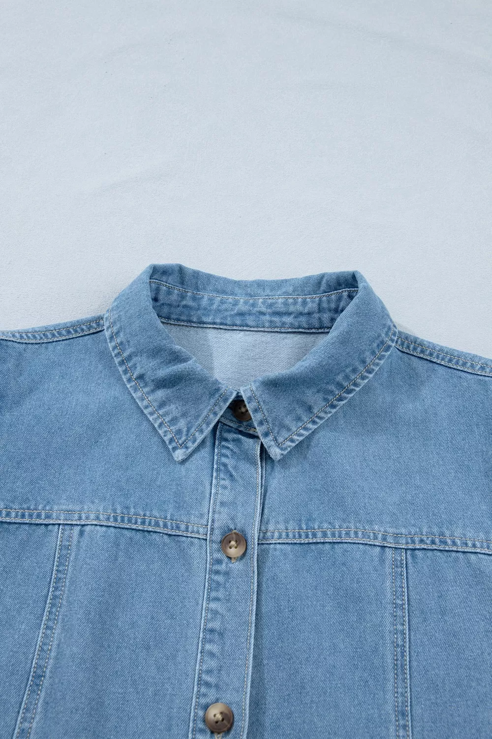 Button Down Short Puff Sleeve Ruffle Hem Denim Dress, image 9