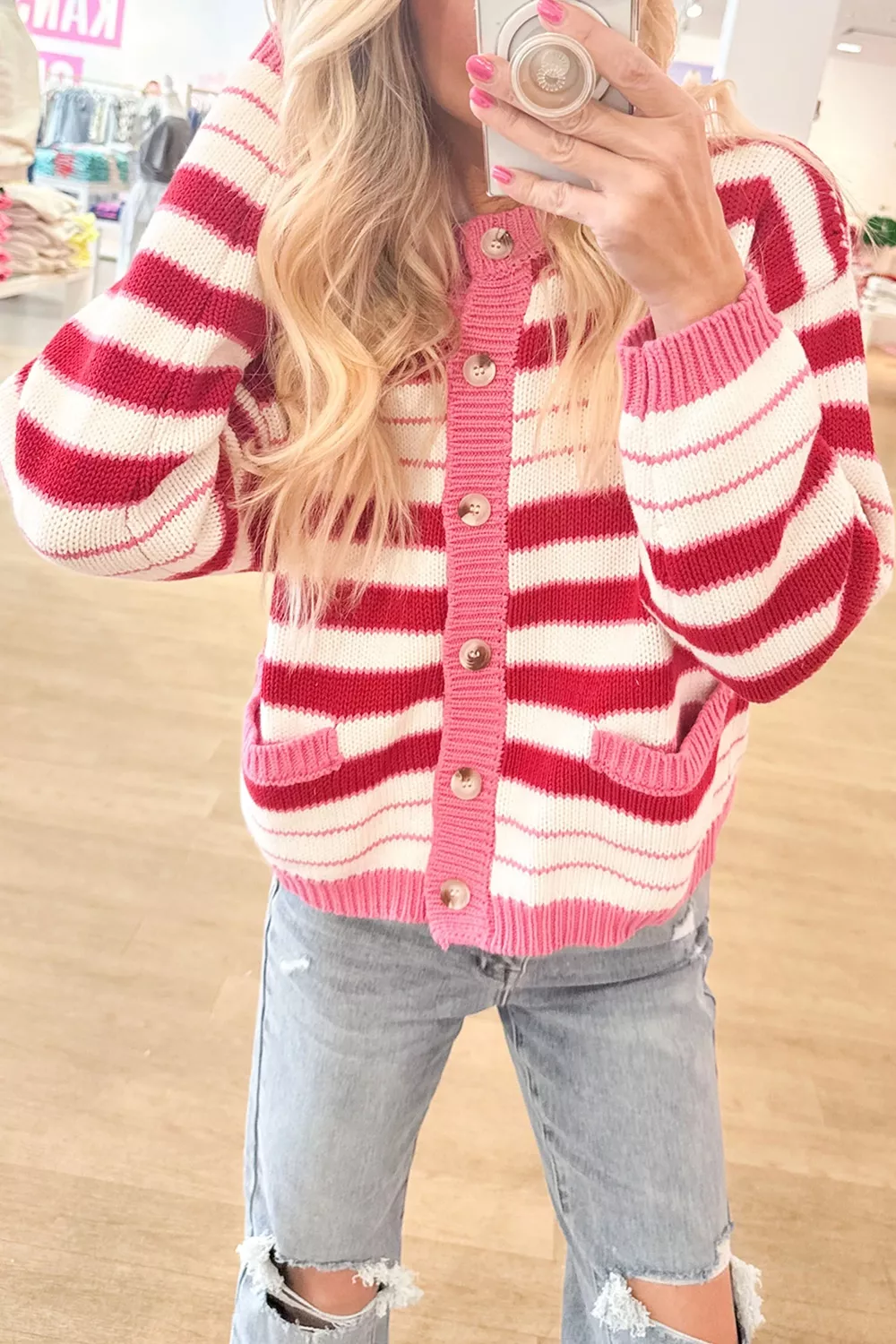 Stripe V Neck Long Sleeve Regular Fit Cardigan, image 2