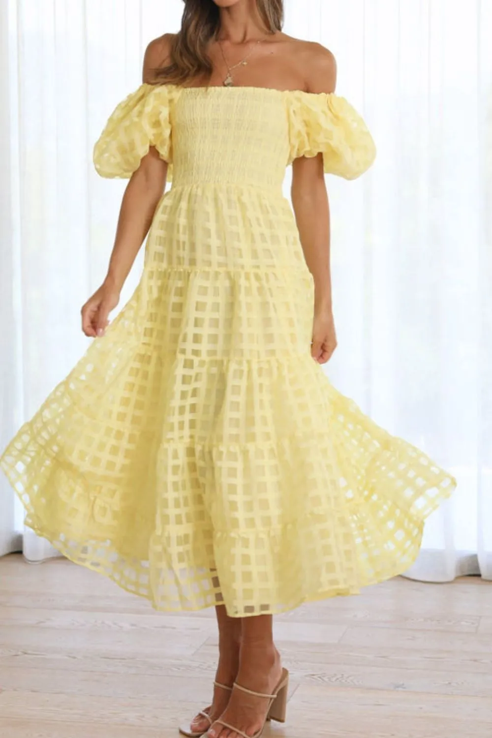 Off Shoulder Short Puff Sleeve Midi Dress, image 15