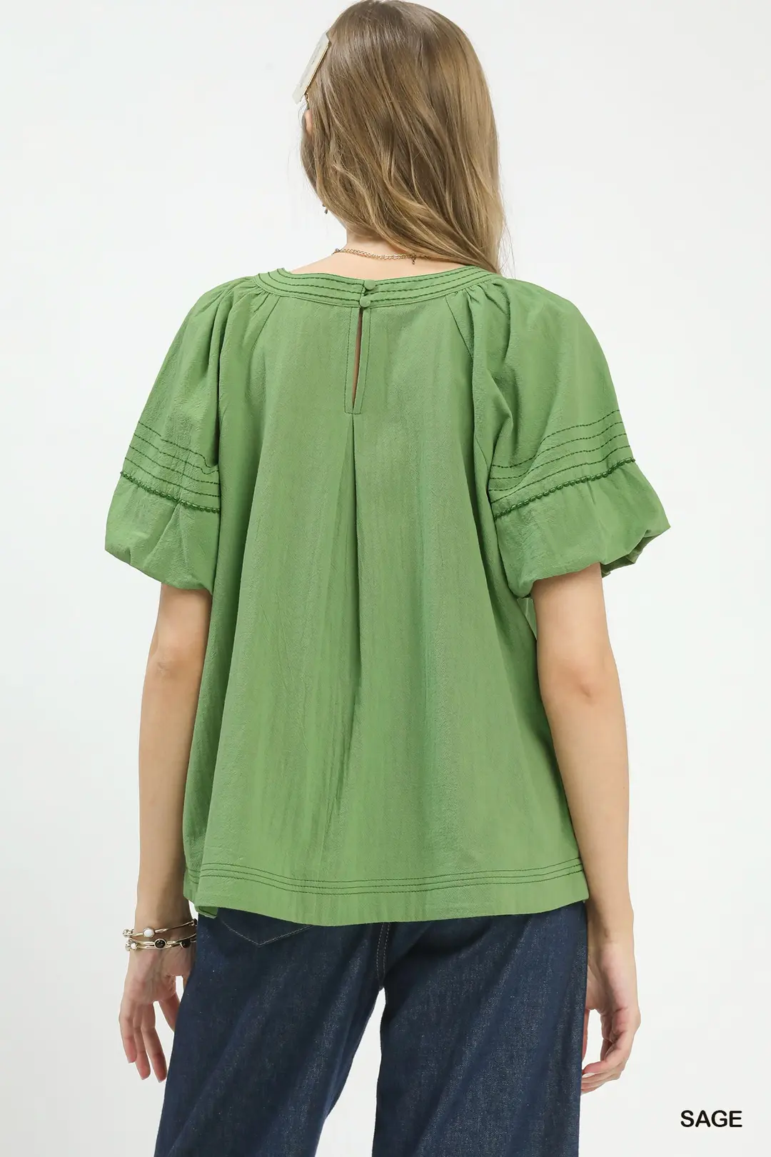 Round Neck Puff Sleeve Top with Contrast Stitch Detail, image 2