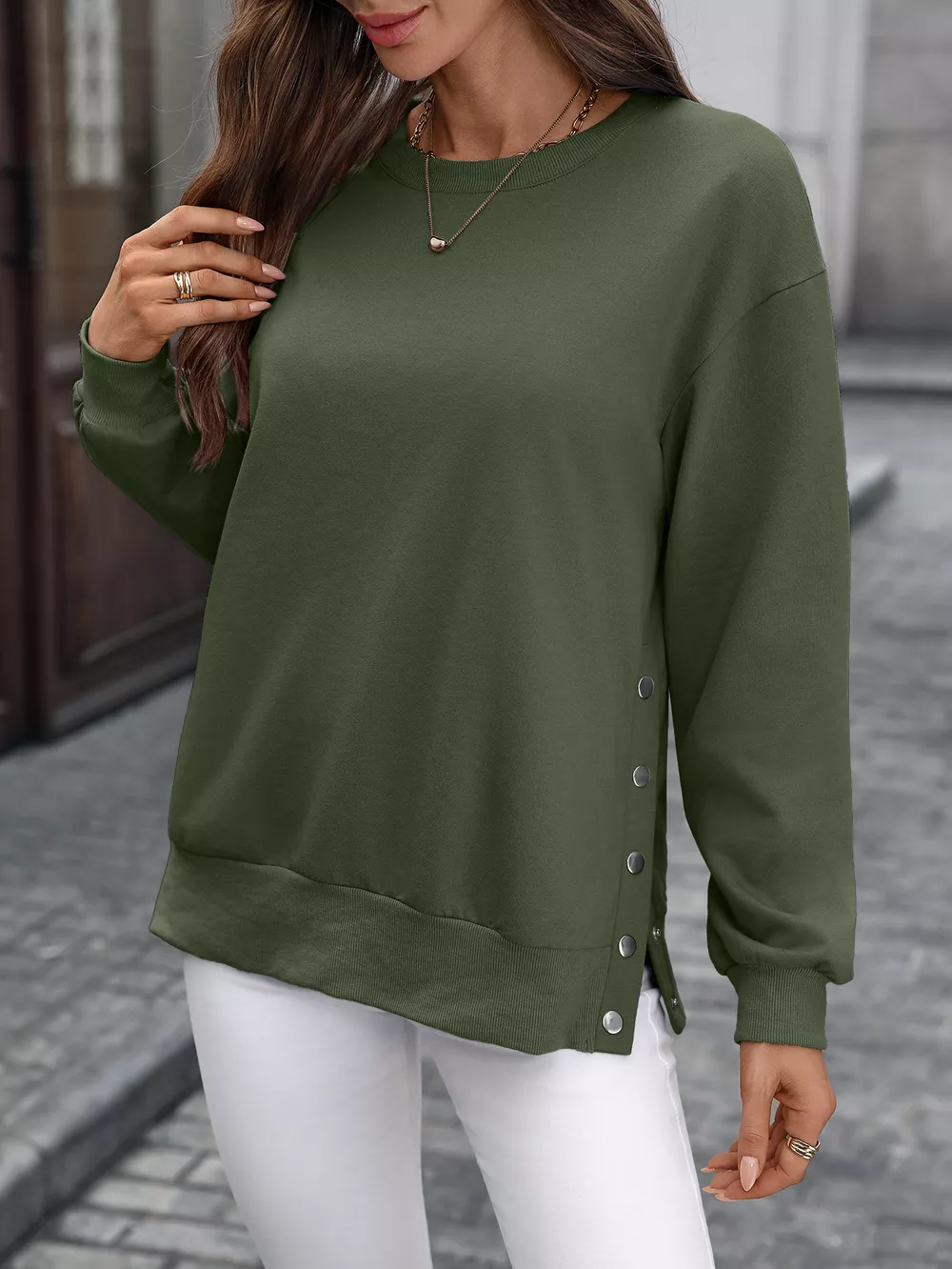 Side Snap Round Neck Sweatshirt, image 19