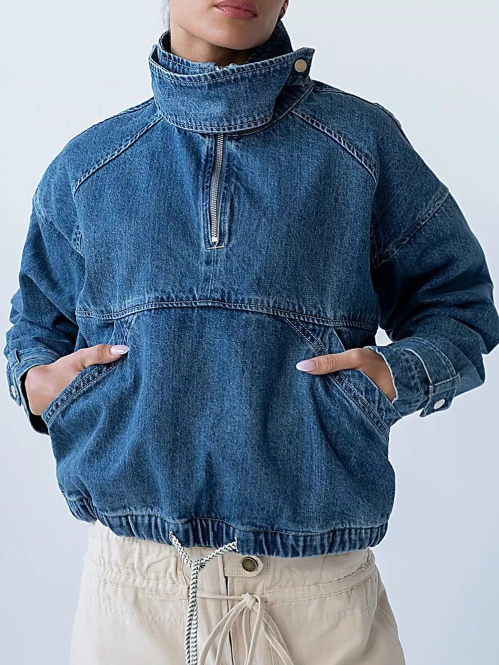 Half-Zip Turtleneck Denim Top, image 2