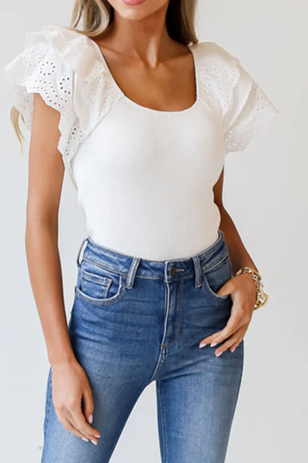 Eyelet Ruffle Sleeve Slim Top, image 5