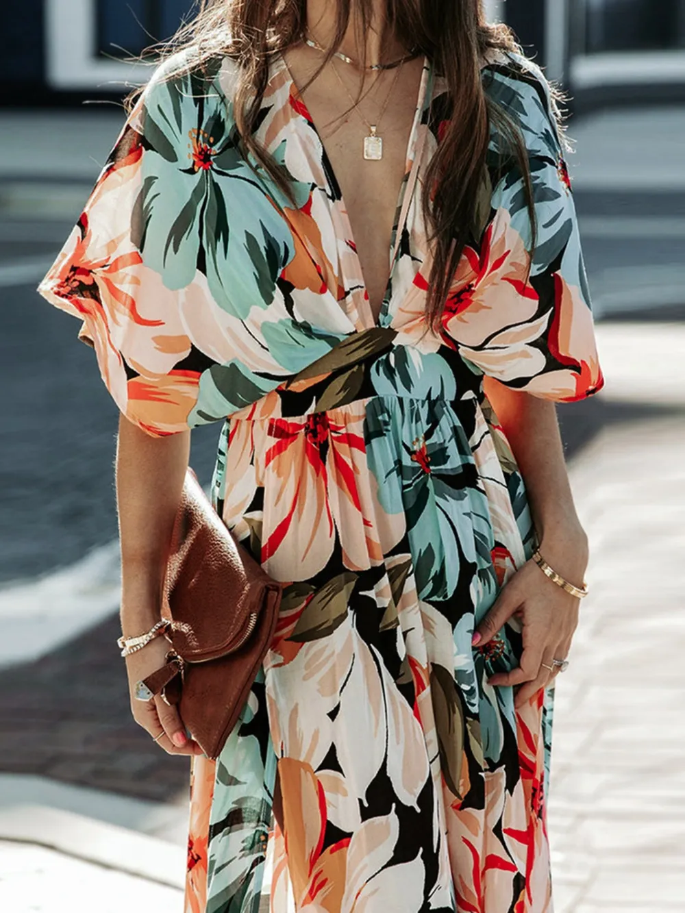 Floral Plunge Half Sleeve Dress, image 3