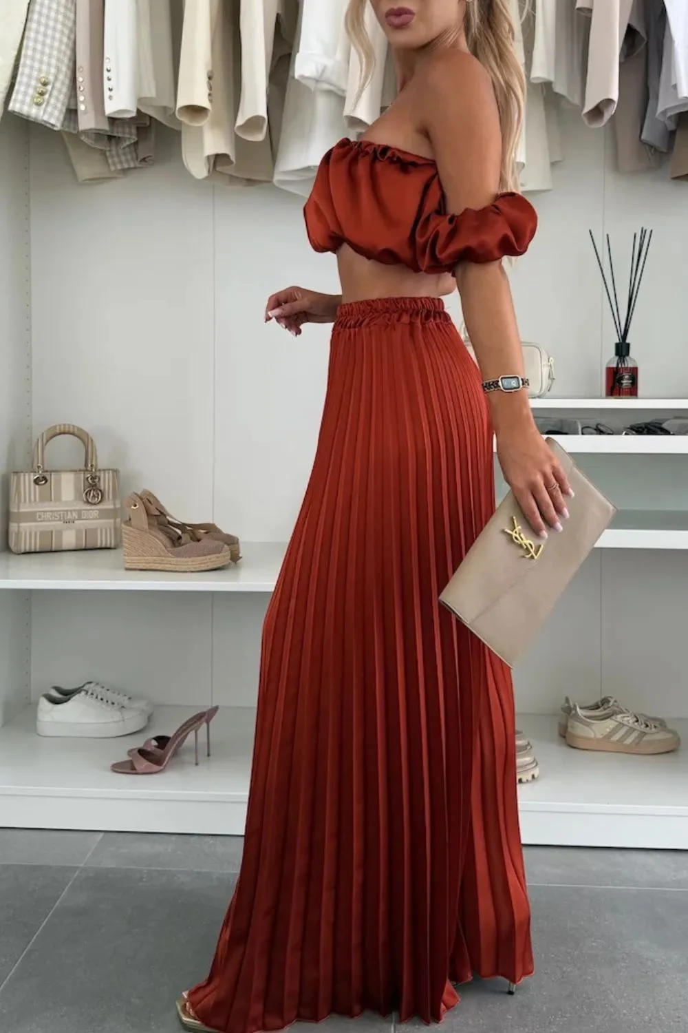 Off-Shoulder Top and Pleated Pants Set, image 11