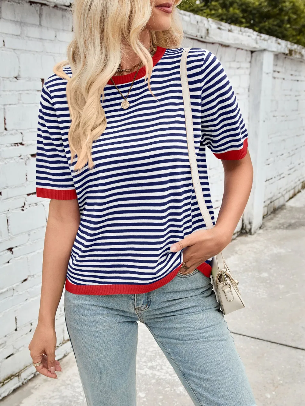 Striped Contrast Round Neck Half Sleeve Knit Top, image 4
