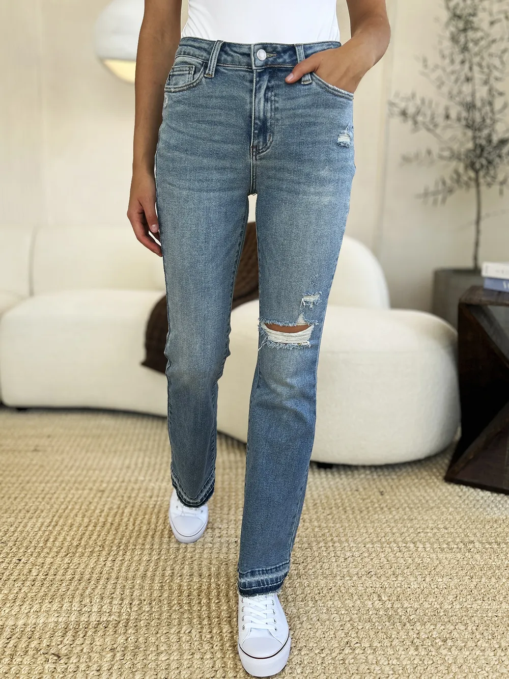 Full Size Mid Rise Destroyed Hem Distressed Jeans, image 7