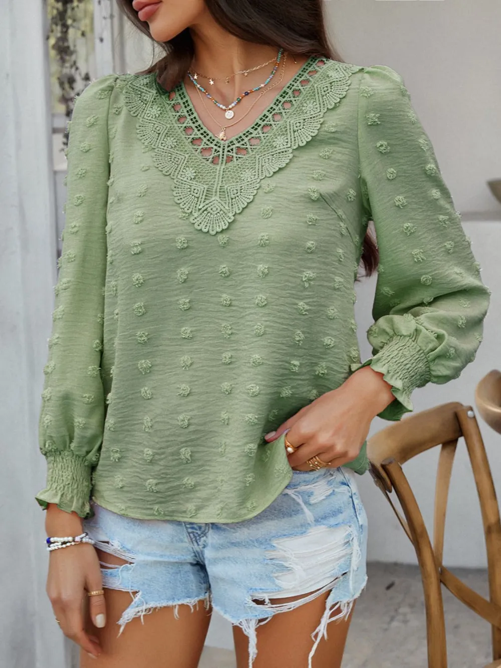 Swiss Dot Lace Detail V-Neck Long Sleeve Blouse, image 14