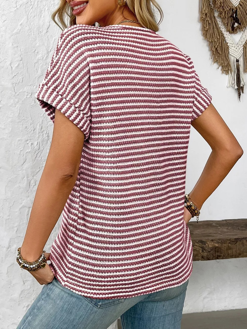 Striped Notched Short Sleeve T-Shirt, image 11