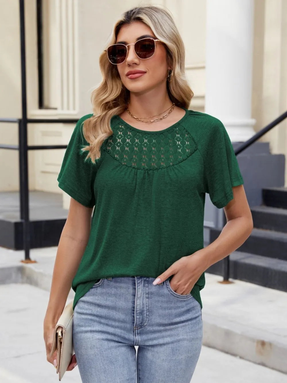 Lace Detail Round Neck Short Sleeve Blouse, image 5