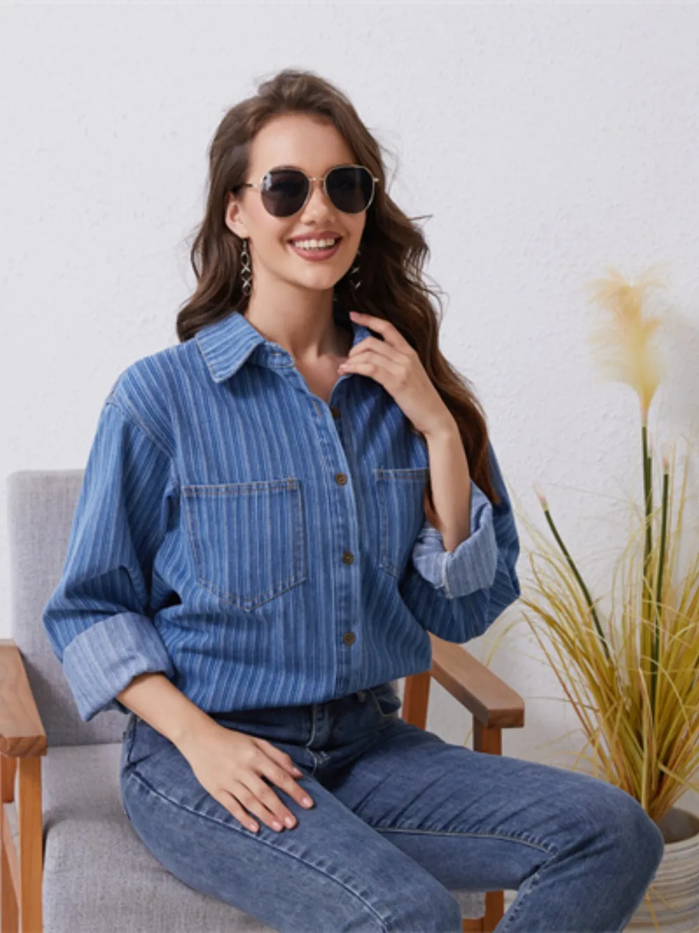 Pocketed Striped Button Up Denim Shirt, image 6