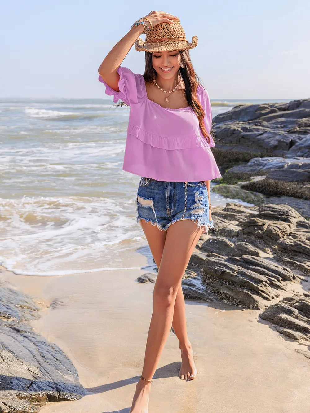 Ruffled Square Neck Half Sleeve Blouse, image 4