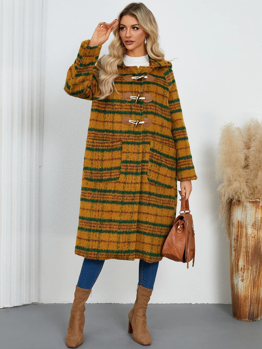 Plaid Long Sleeve Hooded Coat with Pockets, image 7