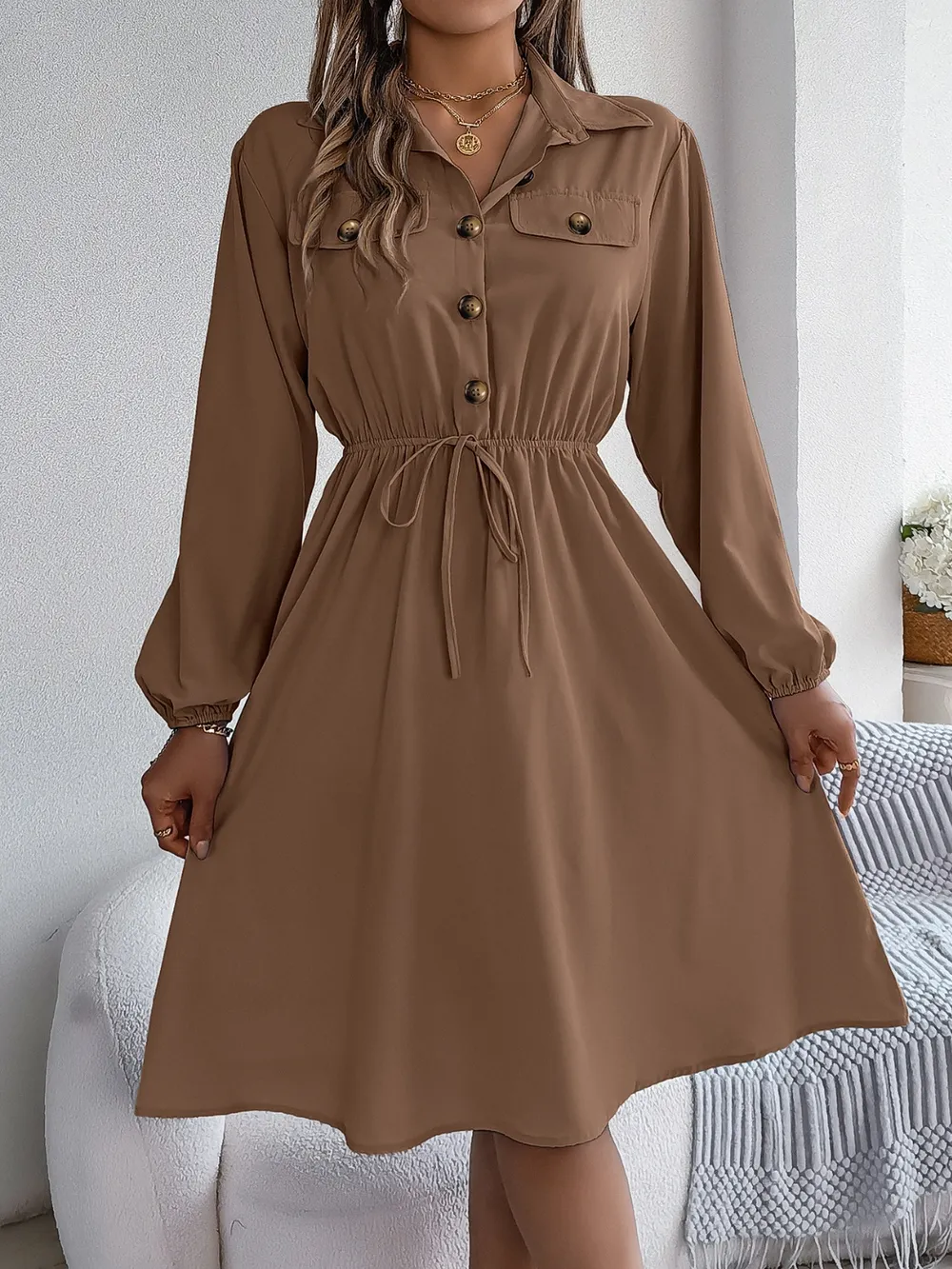 Collared Neck Long Sleeve Dress with Pockets, image 20