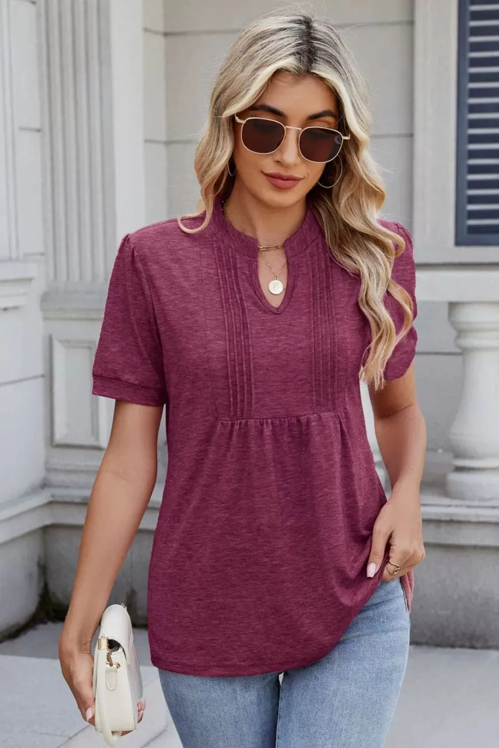 Notched Short Sleeve Solid Color Top, image 7