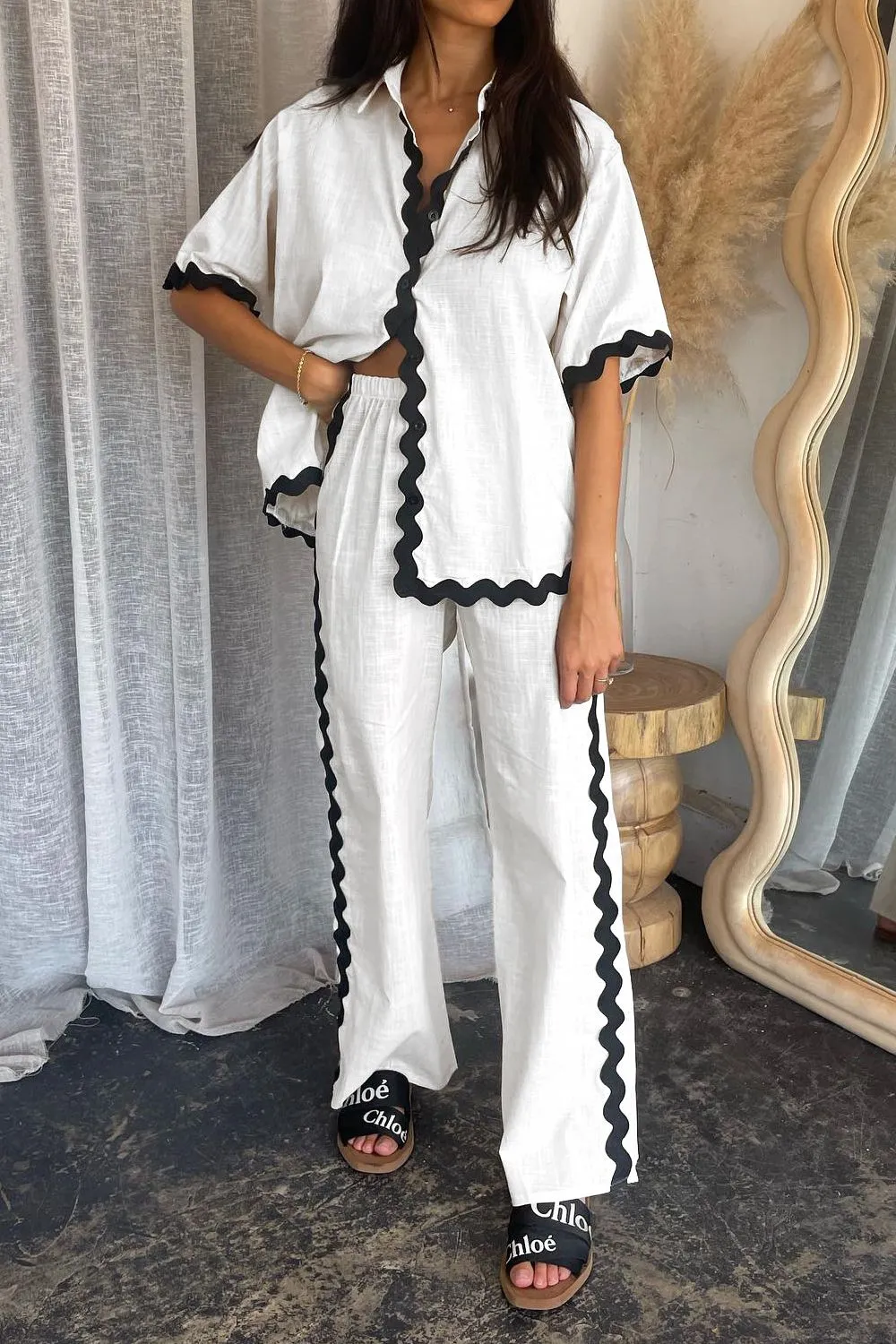 Contrast Trim Half Sleeve Top and Pants Set, image 3