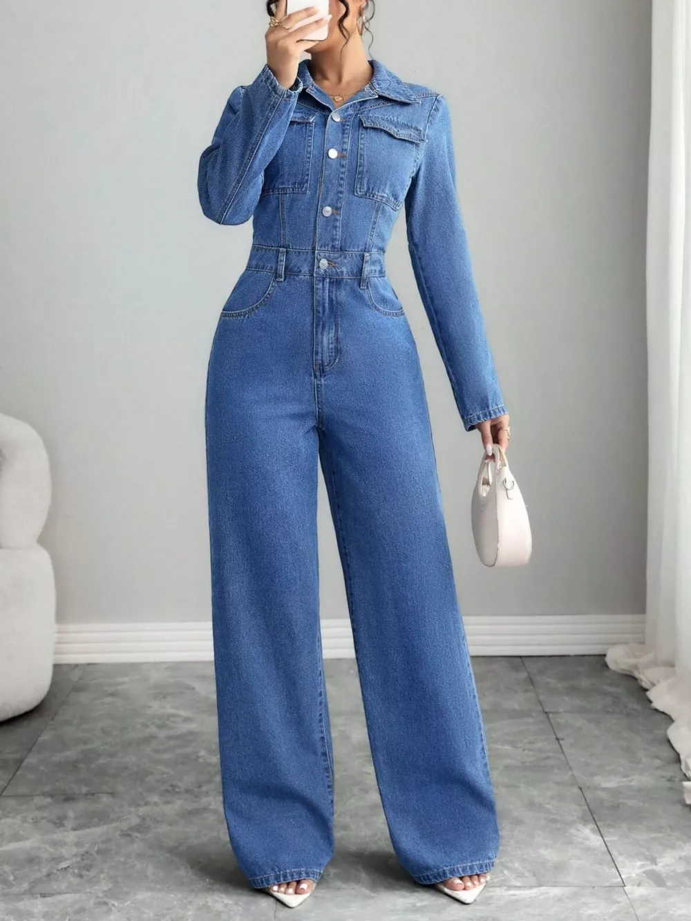 Button Front Long Sleeve Denim Jumpsuit
