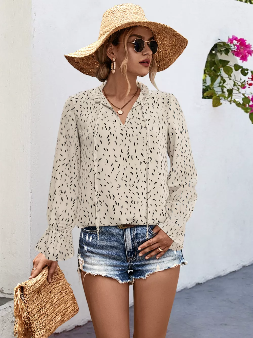 Ruffled Printed Tie Neck Long Sleeve Blouse, image 9