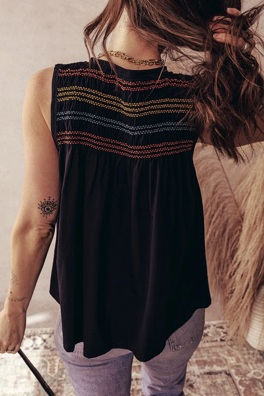 Boho Embroidered Sleeveless V-Neck Blouse, image 2