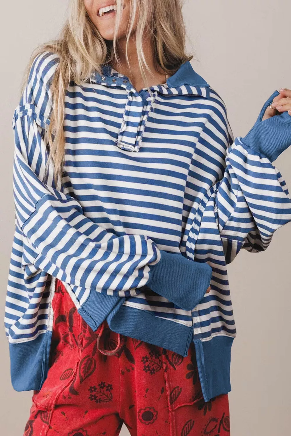 Stripe Color Block Trim Raw Seam Split Hem Loose Sweatshirt, image 5