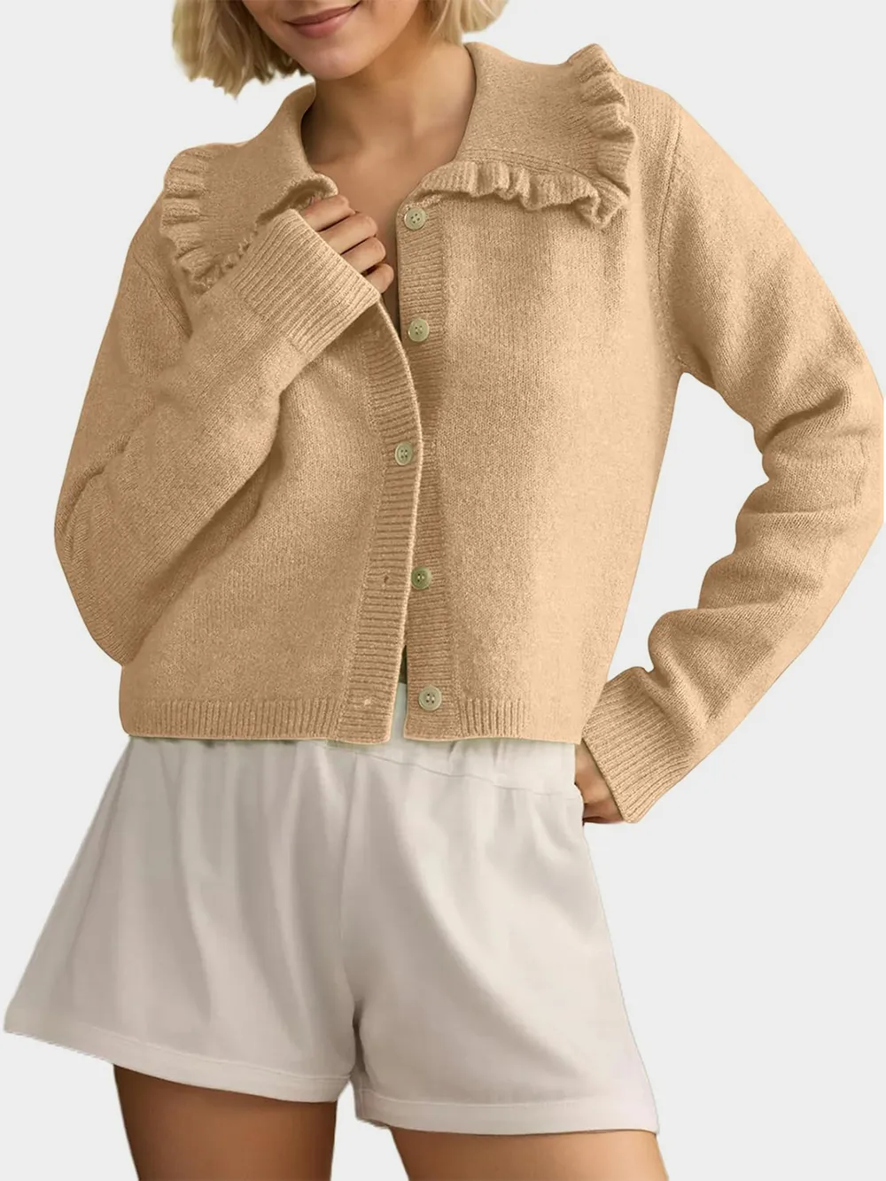 Button Up Long Sleeve Cardigan with Peter Pan Collar, image 2