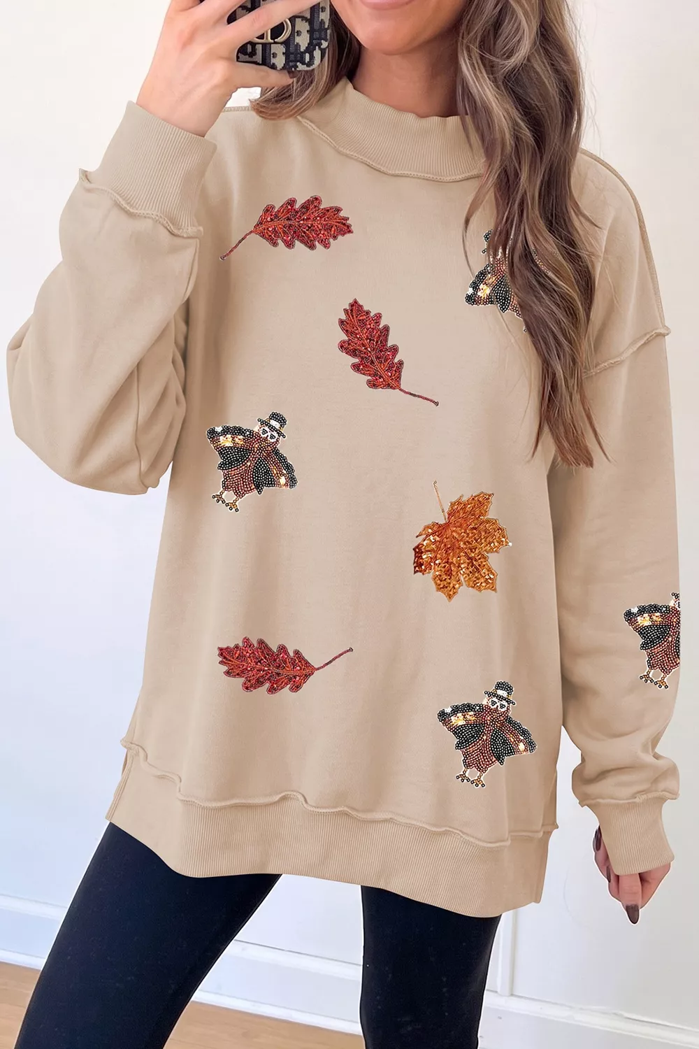 Sequin Turkey Leaf Graphic Exposed Seam Mock Neck Sweatshirt, image 3