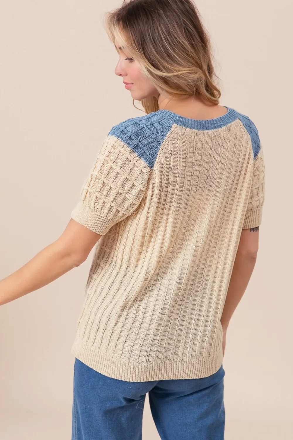 Textured Contrast Short Sleeve Sweater, image 2