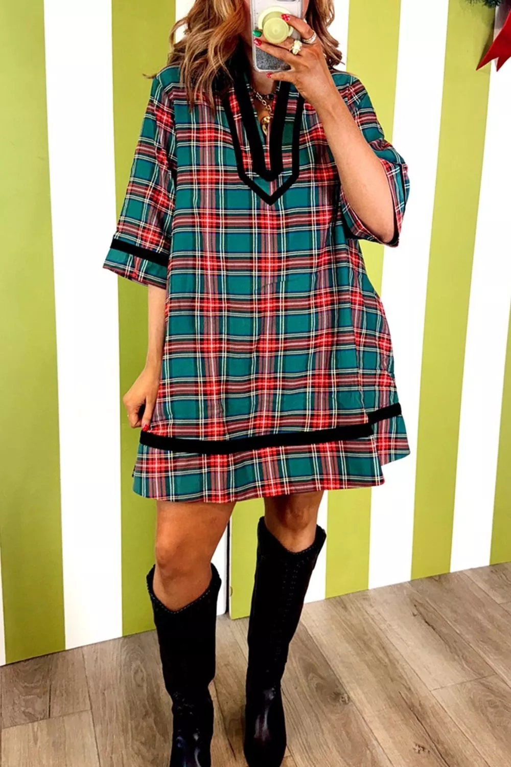 Plaid Velvet Trim Pockets Short Shift Dress, image 4