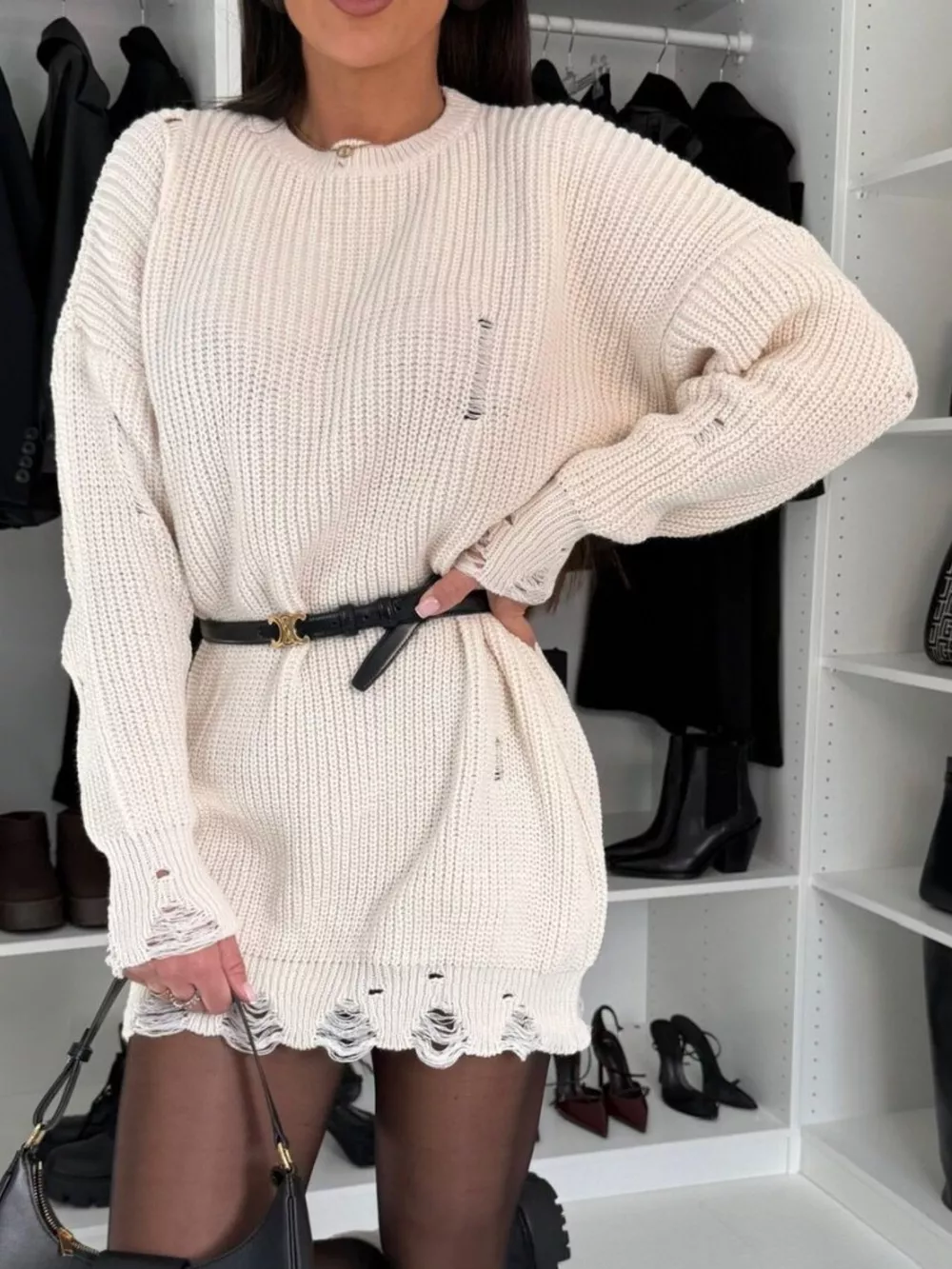 Distressed Round Neck Drop Shoulder Sweater Dress, image 9